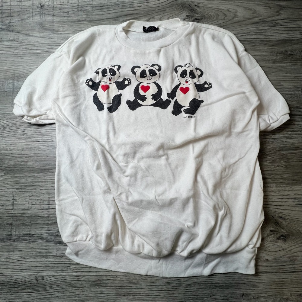 The Zoo Crew Sweatshirt Womens Small White 1986 Panda Heart vtg‎ 80s Short Slv
